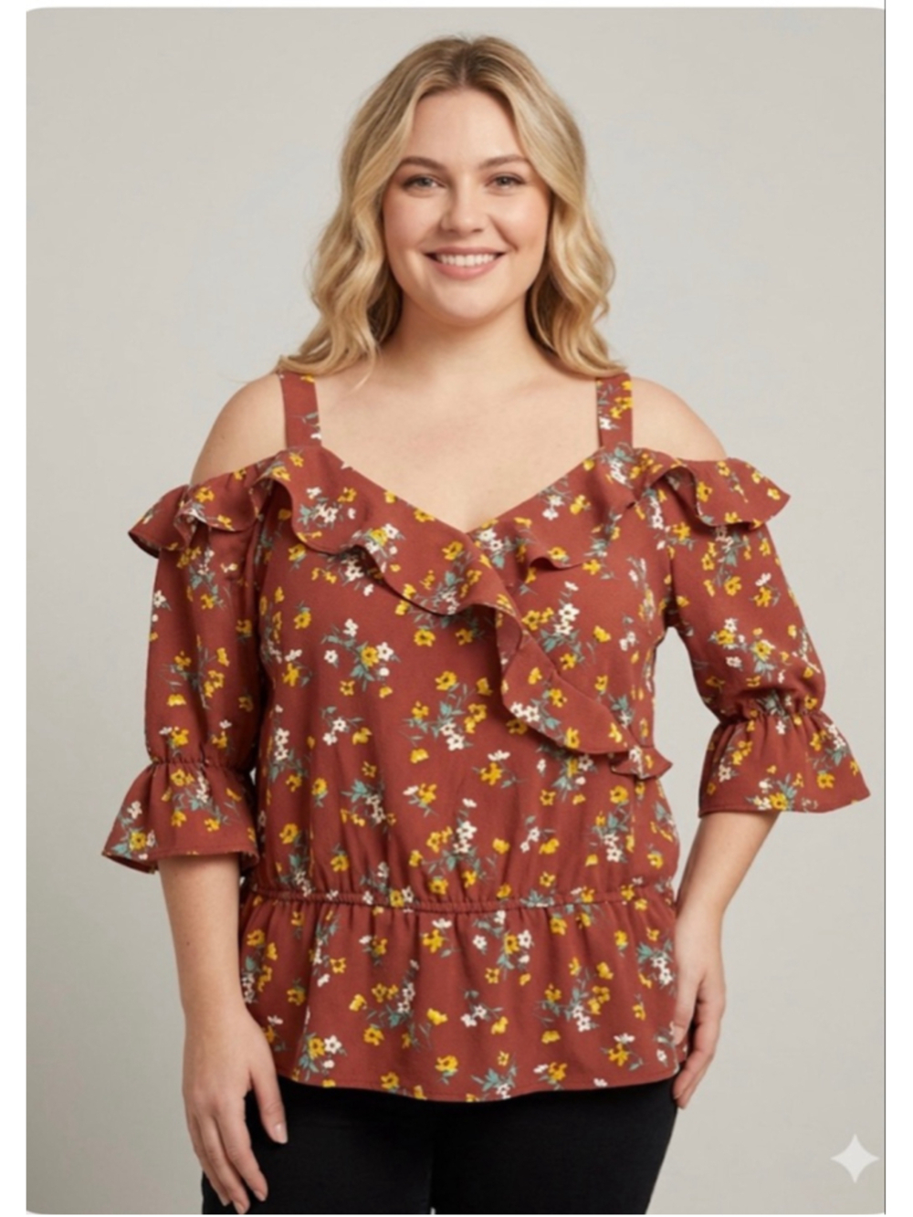 C Rust Floral Cold Shoulder Blouse Size XL